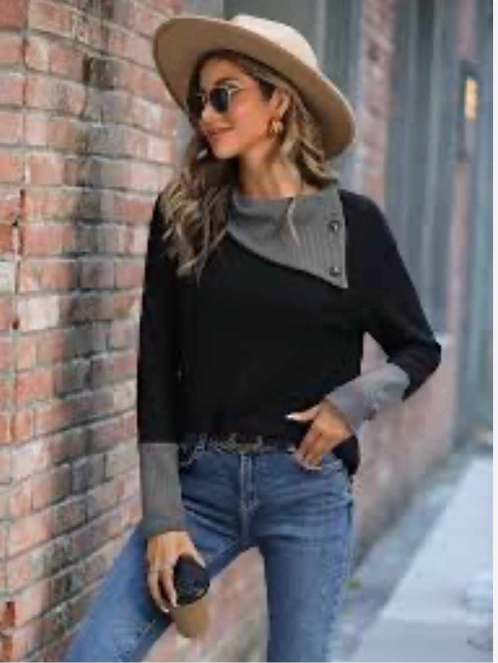 Contrast Cowl-Neck Black & Gray Button waffle knit